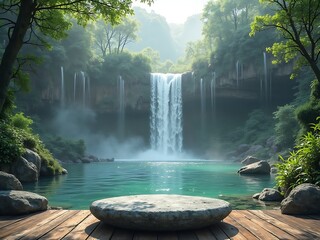 A natural stone pedestal sits on a wooden platform in front of a majestic waterfall surrounded by lush green forest vegetation isolated on white background