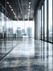 Fototapeta premium blurred background of a modern office interior with glass windows and a polished concrete floor