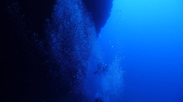 scuba divers are exploring the reefs and topography underwater