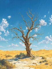 Fototapeta premium a gnarled lifeless tree stands alone in the vast expanse of a parched desert its twisted branches reaching skyward against a backdrop of endless golden sand dunes under a bright blue sky