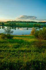 Peaceful summer evening on a green lake shore, with a long line of trees reflecting in the calm water under a blue sky with light clouds