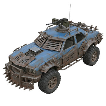 Post apocalyptic modified car with gun isolated on transparent background