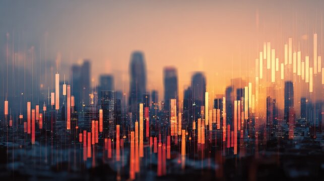 stock market business concept with financial chart with diagram and graphs at megapolis city background double exposure no logos no brands ar 169