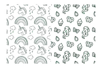 Magical Pattern of Unicorns, Rainbows, and Cupcakes: whimsical and playful design with hand-drawn unicorns, rainbows, clouds, cupcakes, and other delightful elements to spark joy and imagination.