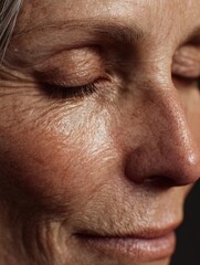 Obraz premium a closeup of a 50yearold woman skin under natural light highlighting her fine lines and natural texture with a soft and serene expression