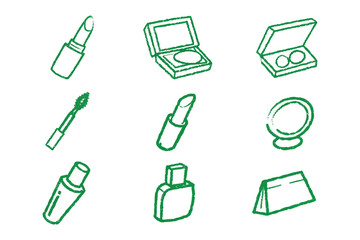 Cosmetics Icon Set: A charming assortment of cosmetic essentials, each meticulously illustrated with a light green stroke, representing beauty, and elegance.