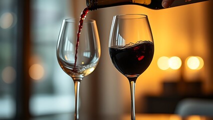 Two wine glasses being elegantly filled from a bottle, highlighted by warm ambient light and soft bokeh.
