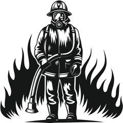 Brave Firefighter Surrounded by Flames Silhouette Illustration Bold and Heroic Depiction