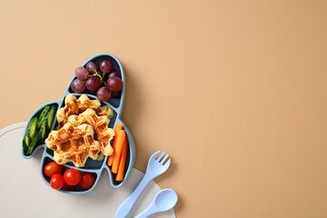 Rocket-shaped plate with healthy snacks like waffles, grapes, cucumbers, and carrots. Kids nutrition concept.