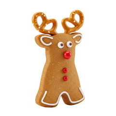Naklejka premium A perfectly baked, high-definition gingerbread reindeer cookie with white icing eyes, a red candy nose, and pretzel antlers, dusted with powdered sugar, standing on a transparent isolated
