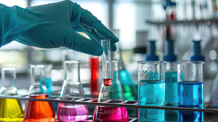 A gloved hand holds a test tube above colorful liquids in various flasks. The scene represents laboratory research and experimentation with vibrant chemical solutions.