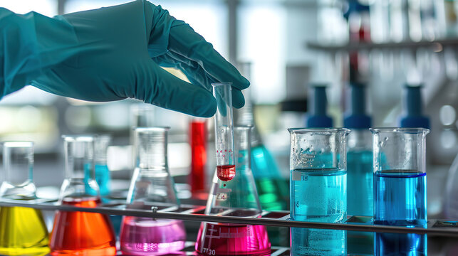 A gloved hand holds a test tube above colorful liquids in various flasks. The scene represents laboratory research and experimentation with vibrant chemical solutions.