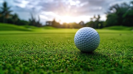 Obraz premium Close-up view of a golf ball resting on lush green grass, with a beautiful sunset illuminating the background, creating a serene and tranquil golfing atmosphere
