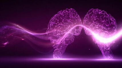Two glowing purple brain structures connected by a radiant energy stream against a dark background