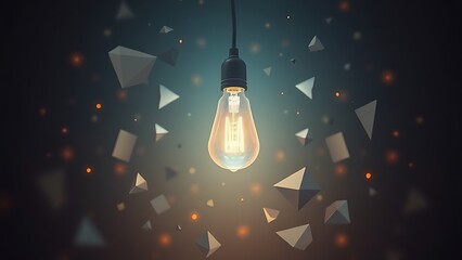 Innovative concept with a lightbulb and floating geometric shapes in atmospheric lighting.