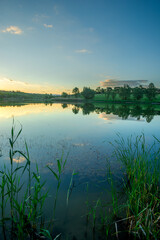 A peaceful summer afternoon on a calm lake, with the clear blue sky and clouds reflecting on the water, and a wide green shoreline with a distant treeline