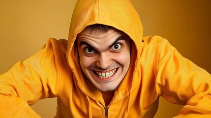 Creepy Grinning Man in Yellow Hoodie Studio Shot