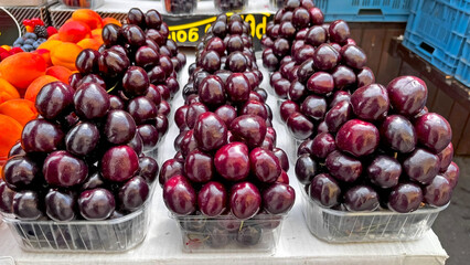 Fresh dark red cherries neatly displayed on a stall at the market.