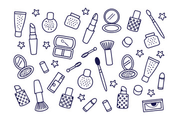 Beauty Essentials: A collection of cosmetics and beauty products, elegantly displayed in a top-down perspective. The scene is a tribute to self-care and glamour.