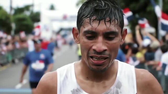 An emotional close up of a sweaty and exhausted male athlete running a marathon race with a cheering crowd