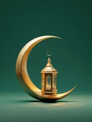 3d render golden lantern and crescent moon on a green background ample copy space generative ai