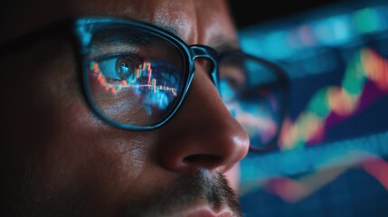young indian business man trader wearing glasses looking at computer screen with trading charts reflecting in eyeglasses watching stock trading market financial data growth concept close up no logos 