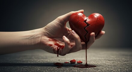 Woman's hand holds bleeding broken heart, symbolizing pain, loss, and emotional distress.