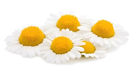 Closeup of Five White Chamomile Flowers Isolated on White Background