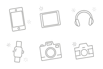 Gadget Essentials: A collection of six essential gadgets, neatly presented in a line art, showcasing a smart phone, tablet, headphone, smartwatch, and two camera.