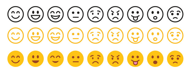 The Emoticon set features a collection of emoji faces in a colorful flat style. Include smile, happy, sad, angry, and surprised expressions color, simple line smiley face vector illustration.