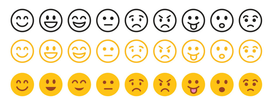 Naklejki The Emoticon set features a collection of emoji faces in a colorful flat style. Include smile, happy, sad, angry, and surprised expressions color, simple line smiley face vector illustration.