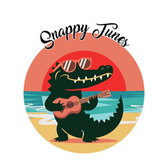 Alligator playing ukulele on beach at sunset music t-shirt design