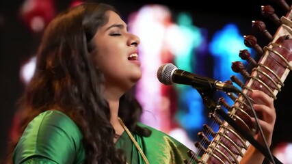 Young Indian woman singing classical music and playing the sitar on a stage with bokeh lights