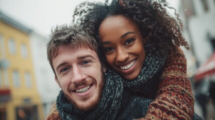 portrait of young man giving piggyback ride to african woman happy boyfriend and smiling girlfriend wearing sweater and wool scarf looking at camera multiethnic couple having fun in street in winter