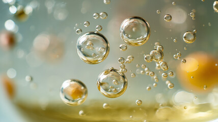 Floating vitamins in liquid, clear droplets sparkling, soft light shining through, health and vitality theme, macro photo style