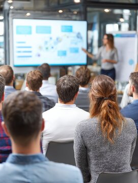 office setting with a group of employees attentively watching a cybersecurity training session on a large screen featuring a presenter explaining key concepts with visual aids