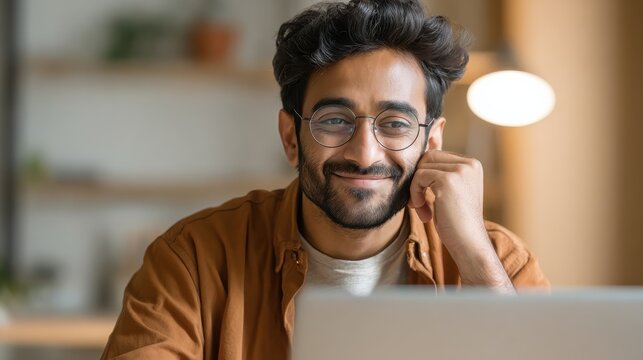 technology remote job and lifestyle concept happy indian man in glasses with laptop computer working at home office no logos no brands ar 169