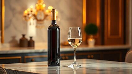 Elegant wine bottle and crystal-clear glasses on marble countertop with golden lighting.
