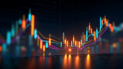 Abstract financial chart with colorful lines and bars on a dark reflective surface in a blurred view
