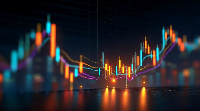 Abstract financial chart with colorful lines and bars on a dark reflective surface in a blurred view