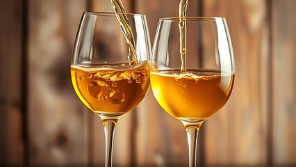 Two crystal wine glasses with golden liquid, elegantly pouring in a warm rustic setting.