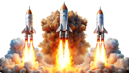 set of rockets launching with fire and smoke - isolated on a white background PNG. GENERATIVE AI