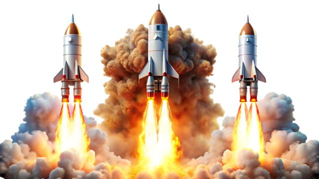 set of rockets launching with fire and smoke - isolated on a white background PNG. GENERATIVE AI