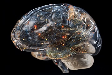 A transparent brain model with illuminated neural pathways, representing the complexity of human thought and cognitive function