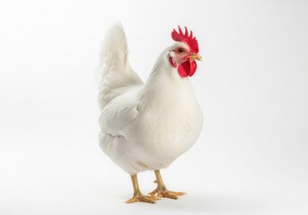 A pristine white leghorn rooster stands proudly against a clean white background displaying its vibrant red comb and wattles