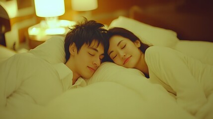Romantic Couple Sleeping Peacefully in Bed at Night