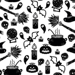 Seamless pattern Halloween hand drawn. Cute autumn background, autumn wallpaper. design, textile, fabric, print, wrapping paper.