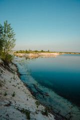 A breathtaking vertical shot of a calm lake with clear, turquoise water, gently lapping against a sandy shoreline with a lone tree and lush green undergrowth, all under a bright blue summer sky.