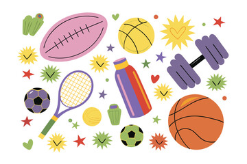 Playful Sports Collection: A vibrant collection of sports equipment and accessories in a cheerful and inviting illustrated style, ideal for conveying energy and enthusiasm.