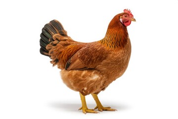 Fototapeta premium A beautifully feathered brown hen stands proudly with its tail feathers displayed against a clean white background